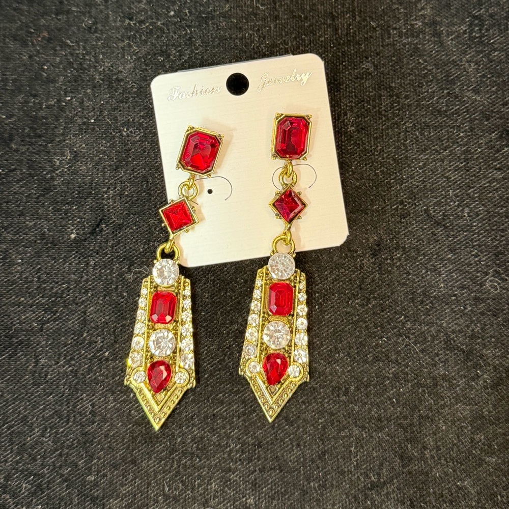 Fashion Jewelry Red and Gold Geometric Earrings